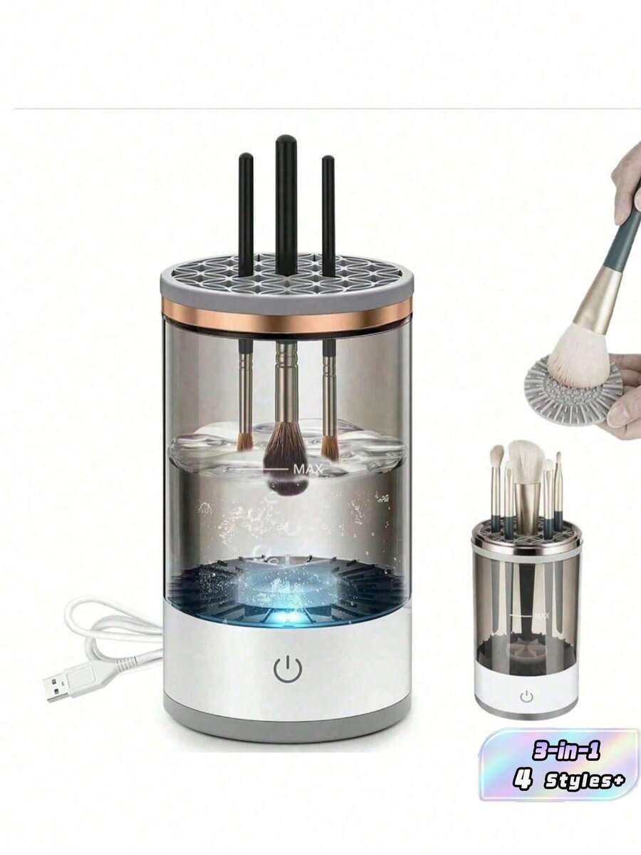 三合一电动化妆刷清洁器，带化妆刷烘干功能、收纳架和便携式USB自动化妆刷清洁工具，适用于各种尺寸的美容化妆刷套装，包括修容刷和眼影刷。 - 彩色 - 查看 1