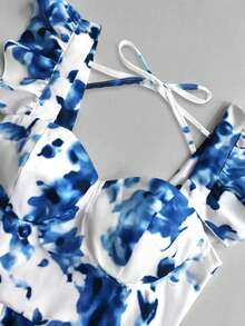 SHEIN Franclia Women's White And Blue Floral Ruffle-Sleeve Elegant A-Line Long Dress, Summer Tropical Holiday Vacation Tea Party Spring Getaways Outfit - Blue and White - View 3