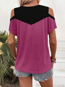 EMERY ROSE Color Block Open Shoulder T-Shirt Graphic Tees Women Tops Goin Out Black Summer - Purple - View 2