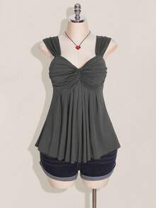 SHEIN ICON 大码女式黑色扭结前襟无袖娃娃衫针织上衣，Y2K风格返校夏季服装，可爱上衣 - 灰色 - 查看 3
