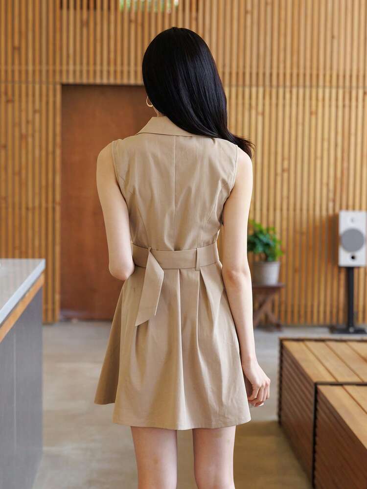 Spring & Summer Casual Waist Cinched Blazer Collar Sleeveless Mini Dress, Fashionable & Versatile For Women