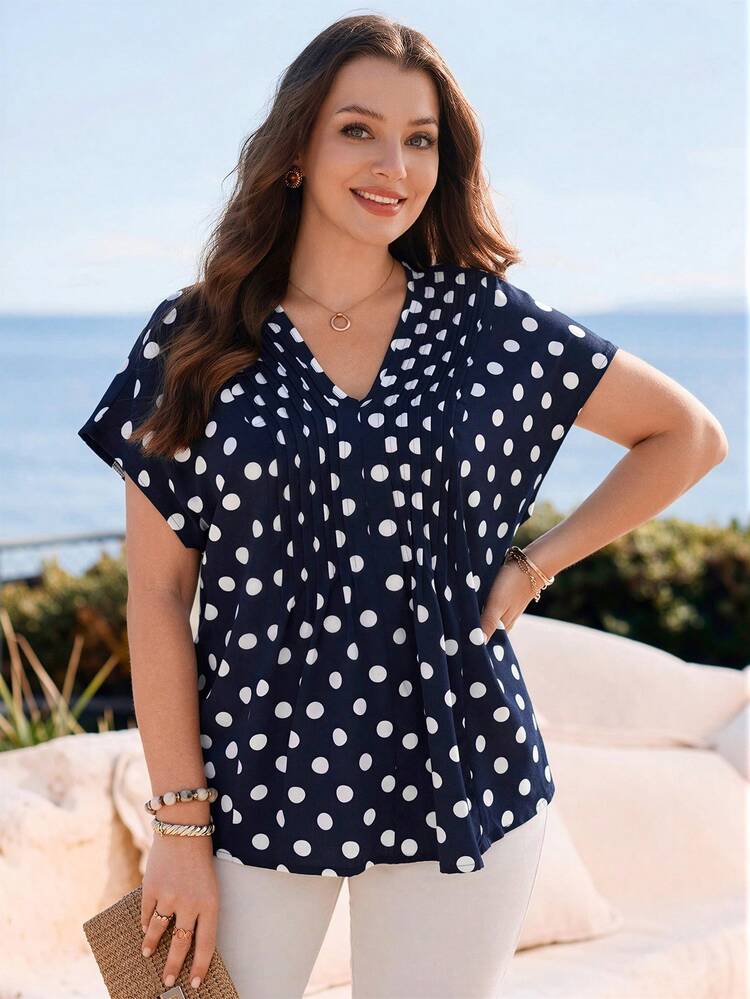 Plus Size Women's Summer Casual Vacation Country Navy Blue Polka Dot Short Sleeve Blouse Shirt Top, Suitable For Summer Vacation,Casual Holiday Style,Summer Outfits For Women ,Vacation Outfits Women ,Holiday Outfits For Women,Going Out Outfits, New Clothes,Simple And Fashionable For Everyday Wear,Suitable For Summer, Vacation, Daily Wear, Festival Outfits For Women,Country Concert Outfit,Beach Outfits For Women,Western Style,Boho Shirt