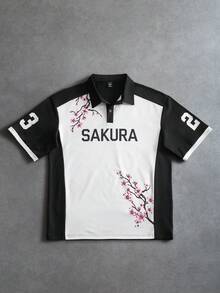 PAVTROS Men's Letter Print Short Sleeve Casual Polo Shirt - Black and White - View 1