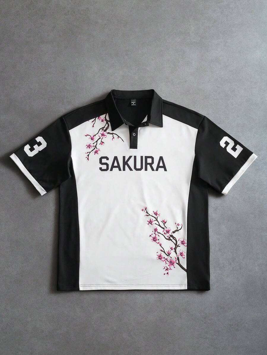 PAVTROS Men's Letter Print Short Sleeve Casual Polo Shirt - Black and White - View 1
