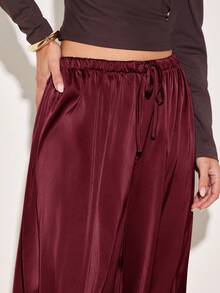 COSMINA Pantalones casuales de uso diario con cintura con cordón y pierna de farol de unicolor para mujeres - Burdeos - Ver 3