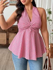 Weeklong Plus Size Women's Minimalist Fashion Woven Sleeveless Shirred Tie-Up Vintage Red & White Plaid Twist Waist A-Line Summer Blouse - Red and White - View 6