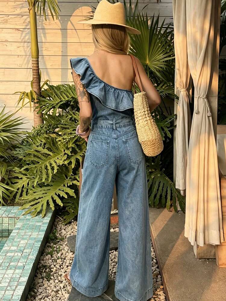 Women's Denim Jumpsuit With Ruffle Trim Asymmetric Shoulder Design Summer