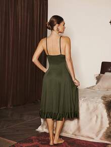 Slumberist 2pcs/Set Fishbone Design Waist Lace Camisole Nightgown + Floral Trim Wide Sleeve Mesh Robe - Army Green - View 6