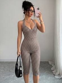 Selianne Women's Black And White Plaid Halter Jumpsuit,Slim Fit Shaping, Outdoor & Commute Summer Vintage Holiday Vacation Holiday,Casual All Seasons - Multicolor - View 5