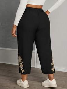 SHEIN PETITE CURVE Quần nữ cỡ lớn thêu họa tiết, cạp cao kiểu túi giấy, phong cách mùa xuân, cạp cao thanh lịch, quần đen thường ngày, dáng rộng. - màu đen - Xem 2
