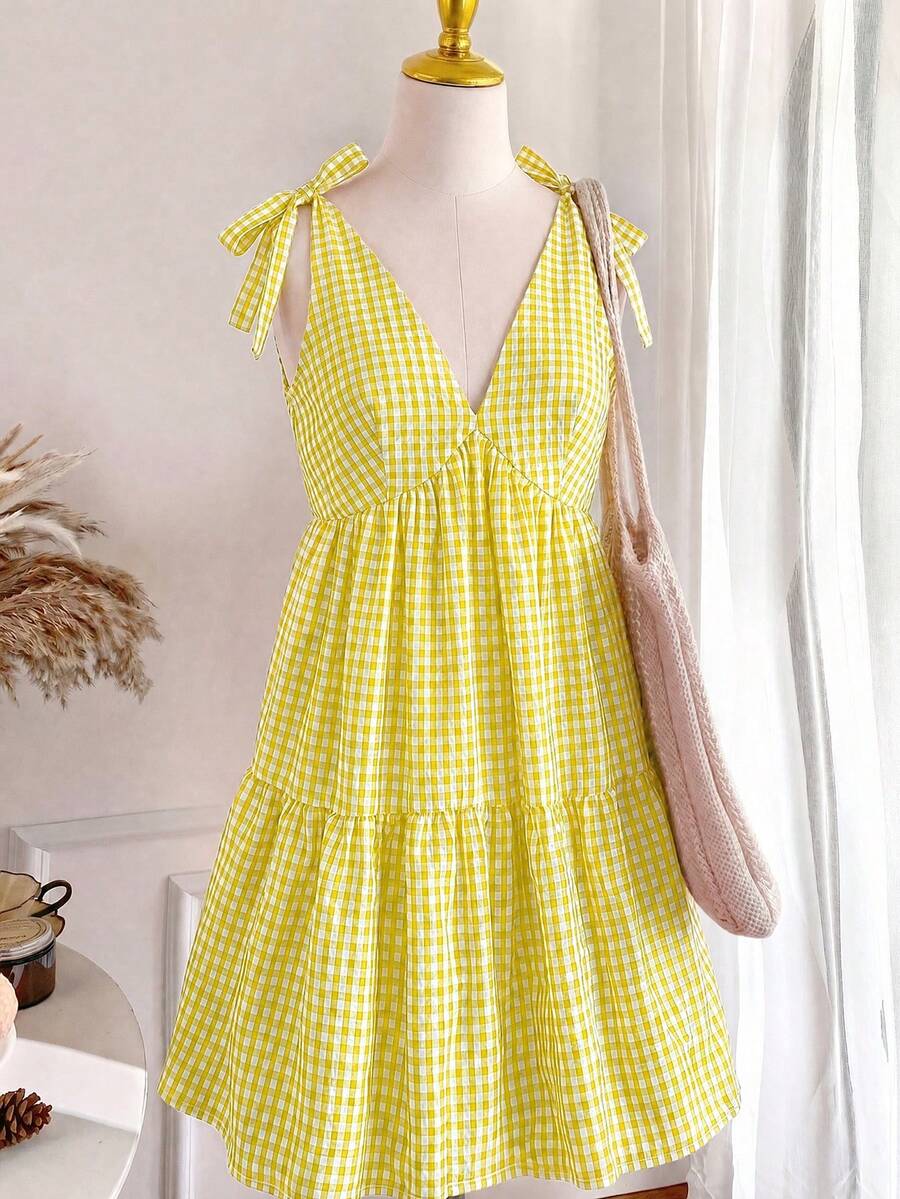 Comfortcana Đầm nữ cỡ lớn cổ chữ V kẻ caro đen trắng buộc dây, kiểu dáng thường ngày, thích hợp cho kỳ nghỉ. - Màu vàng - Xem 1