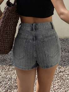 DAZY 棉质蓝色波点装饰休闲度假女式牛仔短裤 Y2K 夏季 - 藍色 - 查看 2