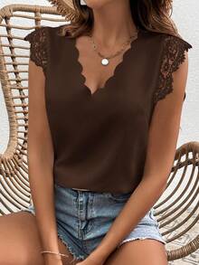 SHEIN VCAY Women's Solid V-Neck Casual Versatile Daily Wear Shirt,Summer Top - Brown - View 3