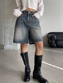 Dazy Tall Shorts vaqueros casuales de estilo callejero holgados para mujer - Azul lavado medio - Ver 3