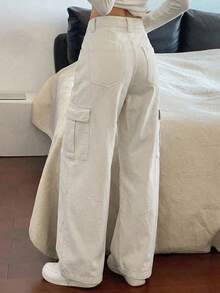 DAZY Pantalones cargo beige para mujer, jeans de estilo casual de calle - Blanco - Ver 3