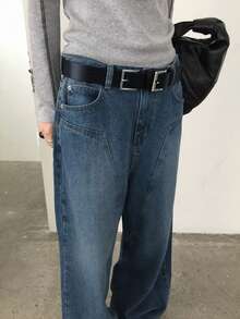 DAZY Jeans anchos de pierna ancha lavados para mujer - Azul lavado oscuro - Ver 6
