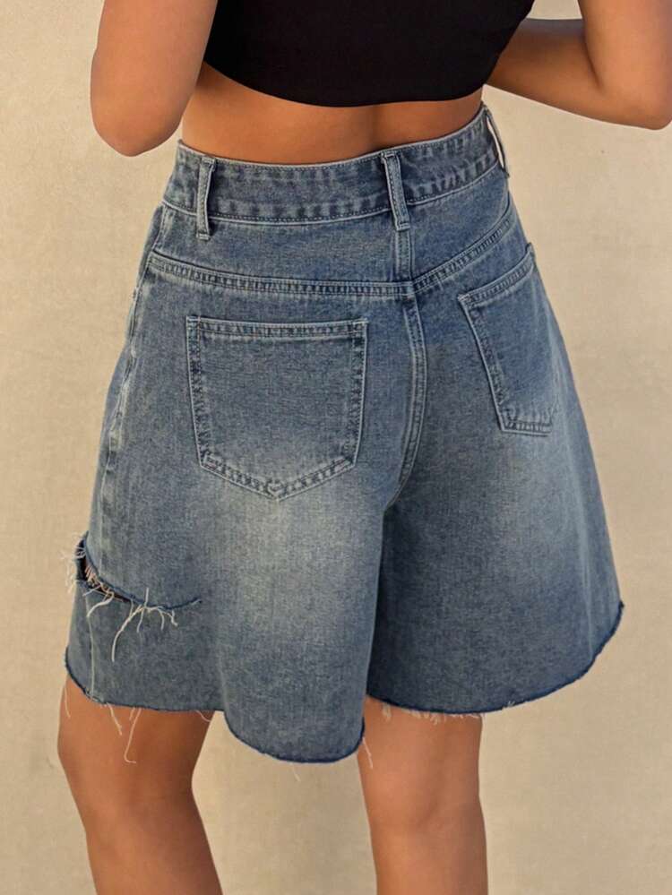 Western Cowgirl Distressed Loose Wide Leg Jeans, Casual Summer Women Denim Shorts Jorts Y2k