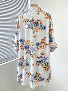 Linhara Moda primavera/verano para mujer talla grande: Camisa casual, sencilla y versátil con estampado floral retro aleatorio y cuello, con longitud de manga ajustable - Perfecta para atuendos de primavera y verano - Albaricoque - Ver 2