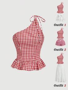 SHEIN MOD 女士系带肩部格子荷叶边时尚夏季衬衫 - 紅白色 - 查看 1