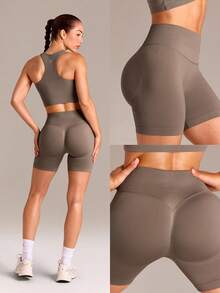 GLOWMODE Short de ciclista de cintura alta con doble capa, de ajuste moldeador, de 5 pulgadas, ultrasuave y sin costuras, con compresión y elevación del trasero, para entrenamiento de impacto medio, uso diario en el gimnasio y estudio - Caqui - Ver 10