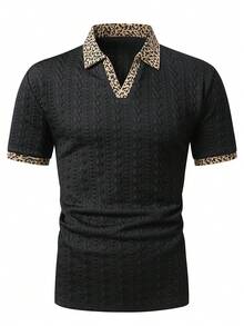 Manfinity Homme Camisa polo formal de hombre con textura de punto jacquard, estampado de leopardo, cuello y puños acanalados, para ceremonia - Negro - Ver 6