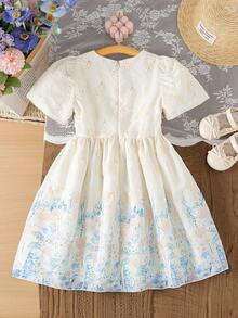 SHEIN Elladie kids 少女花卉刺绣圆领优雅短袖连衣裙，春夏款 - 藍色 - 查看 2