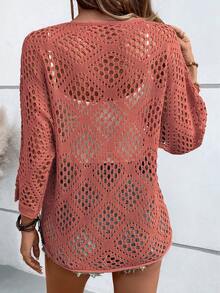 EMERY ROSE Women's Solid Color Hollow Casual Versatile Daily Wear Sweater - Watermelon Pink - View 3