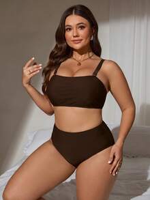 Swim Lushoire 2026 Model Baru Musim Panas Dasar Minimalis Dasar Ukuran Plus Wanita Tankini Set Pakaian Renang Liburan Pesta Pantai Cokelat - Coklat - View 6