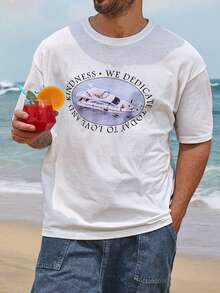 DAZY Men's Short Sleeve T-Shirt With Yacht & Letter Print - White - View 6