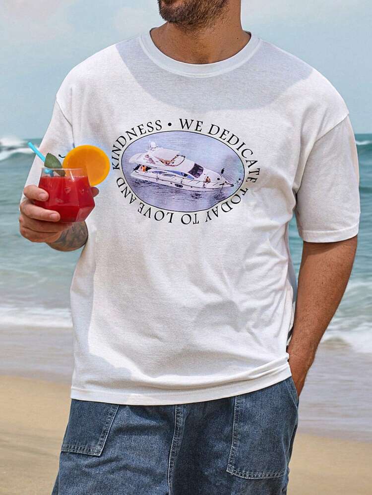 Men's Short Sleeve T-Shirt With Yacht & Letter Print