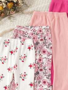 SHEIN Bộ 4 quần ống loe mềm mại, dễ thương họa tiết hoa cho bé gái, màu hồng và đỏ đô, chất liệu cao cấp, phù hợp cho bé chơi trong nhà và ngoài trời vào mùa xuân/hè, ngọt ngào và tươi mát, thoải mái. - Nhiều màu - Xem 3