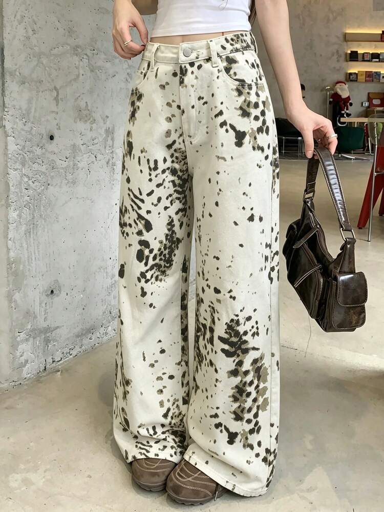 Women's Casual Washed Vintage Print Denim Jeans