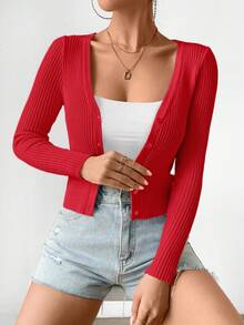 EMERY ROSE Women's Fitted Solid Color Round Neck Long Sleeve Button-Front Ribbed Knit Cardigan - Red - View 5