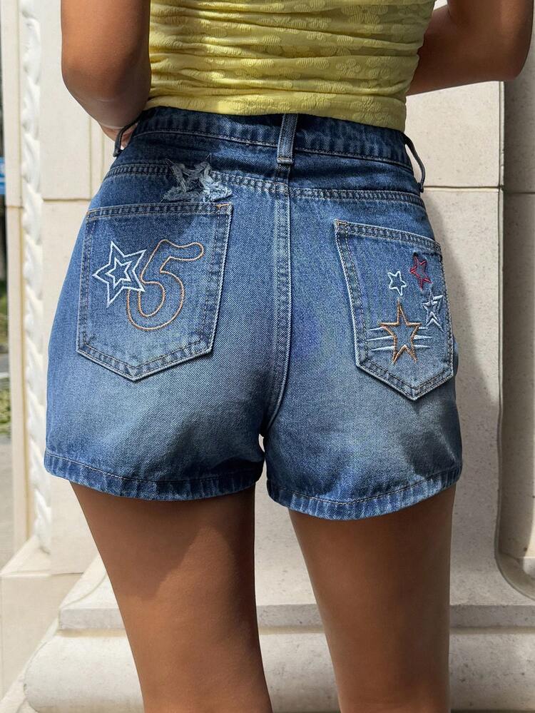 Women's Embroidered Casual Vacation Beach Denim Shorts Summer