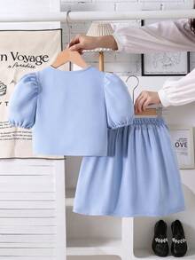 SHEIN Elladie kids 优雅少女装扮：休闲纯色针织开衫，饰以珍珠纽扣，搭配褶皱花边半裙，适合少女穿着。 - 藍色 - 查看 2