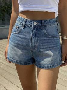 DAZY Jeans de pierna recta para mujer con decoración de bolsillo con estrella, estilo casual de calle - Azul lavado medio - Ver 5