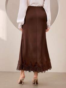 Graceveil Falda elegante de estilo francés para mujer con encaje de contraste de satén - Café integral - Ver 2