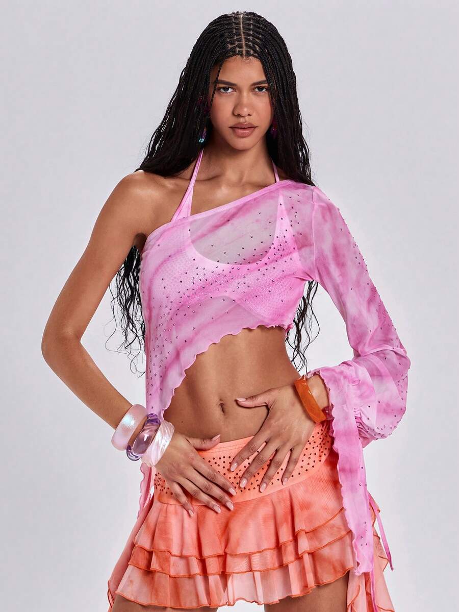 ROMWE Y2K Áo croptop thời trang nữ tay dài lệch vai in họa tiết nhuộm tie-dye đính đá lấp lánh. - Hồng - Xem 1