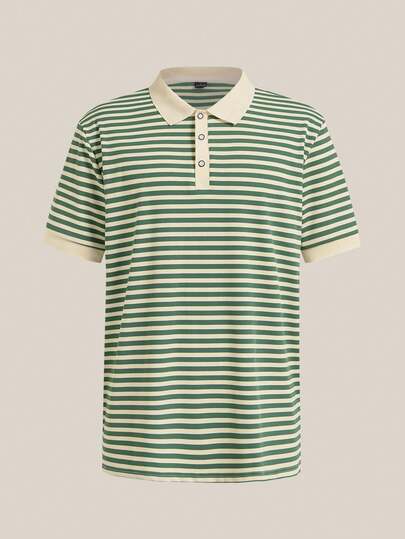 VeloEdit 2026 Spring Casual Men's Contrast Collar Striped Knit Polo Shirt, Short Sleeve Multicolor, With Zipper, Old Money, Father's Day Gift For Father & Boyfriend