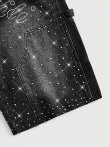 ROMWE MEN Street Life Pantaloncini di jeans casual con strass, lavati e vissuti, modello dritto ampio e pesante, per uomo - nero - Visualizzare 4