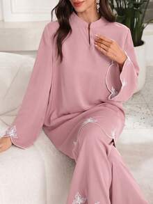 Lacomfia Women's V-Neck Embroidered Loose 2 Pieces Set, Autumn Tea Party Dusty Pink Modest - Dusty Pink - View 7