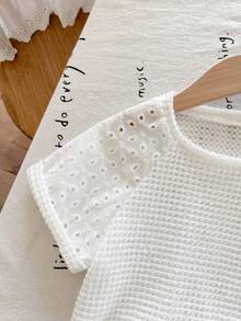 SHEIN LMoss Kids Young Girl Knit Patchwork Woven Hollow Out Raglan Sleeve Fitted T-Shirt - White - View 5