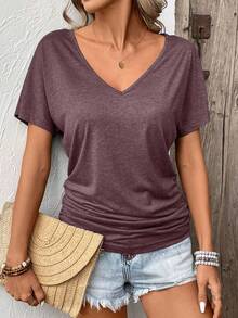 SHEIN Frenchy Ladies Simple Solid Color Pleated Daily/Holiday T-Shirt V Neck Topsv Neck T Shirtdark Top,Summer Top - Burgundy - View 4