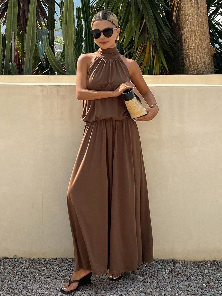 Women's Solid Color Loose Pleated Hem Tie-Waist Sleeveless Elegant Dress, Suitable For Summer Vacation Sun Dresses For Women