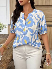 Weeklong Camisa casual de vacaciones con estampado botánico, cuello con muesca, puños elásticos y cintura elástica para mujer talla grande, para primavera/verano - Multicolor - Ver 1