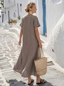 Faunlyn Women's Casual Solid Color Dress Holiday Vacation Shades Of Brown Summer - Brown - View 2