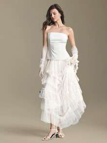 Ontre 2026 Women's Off-White Autumn Elegant Party Multi-Layer Ruffle Hem Mesh Patchwork Date Night Skirt,Cruise Attire Wedding Guest Dress,Old Money Style - White - View 1