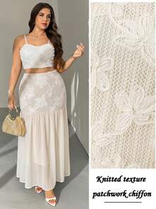 Modelyn Plus Size Women Vacation Embroidered Camisole And Mesh Patchwork Skirt Set - Apricot - View 9