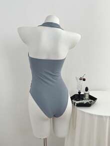Elamini Bodysuit Feminino Decote em V com Nó na Frente, Minimalista e Sexy, Primavera/Verão - Azul Empoeirado - Visão 2