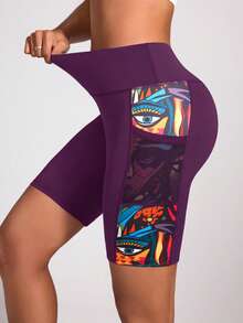 Easithlete Digital Print Yoga Leggings With Pockets - Bold Plum - View 3
